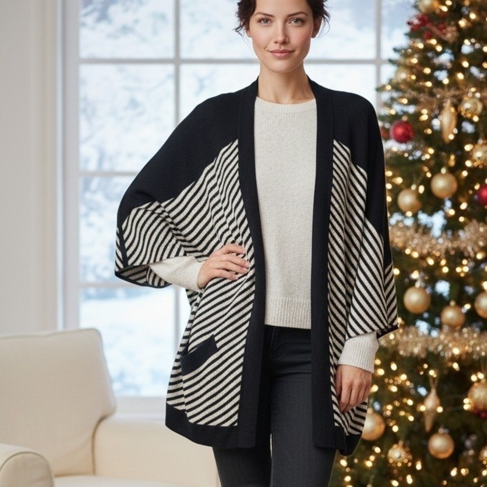 Chico's Travelers Collection 3 Metallic Stripe Open Front Cardigan Black Gold XL